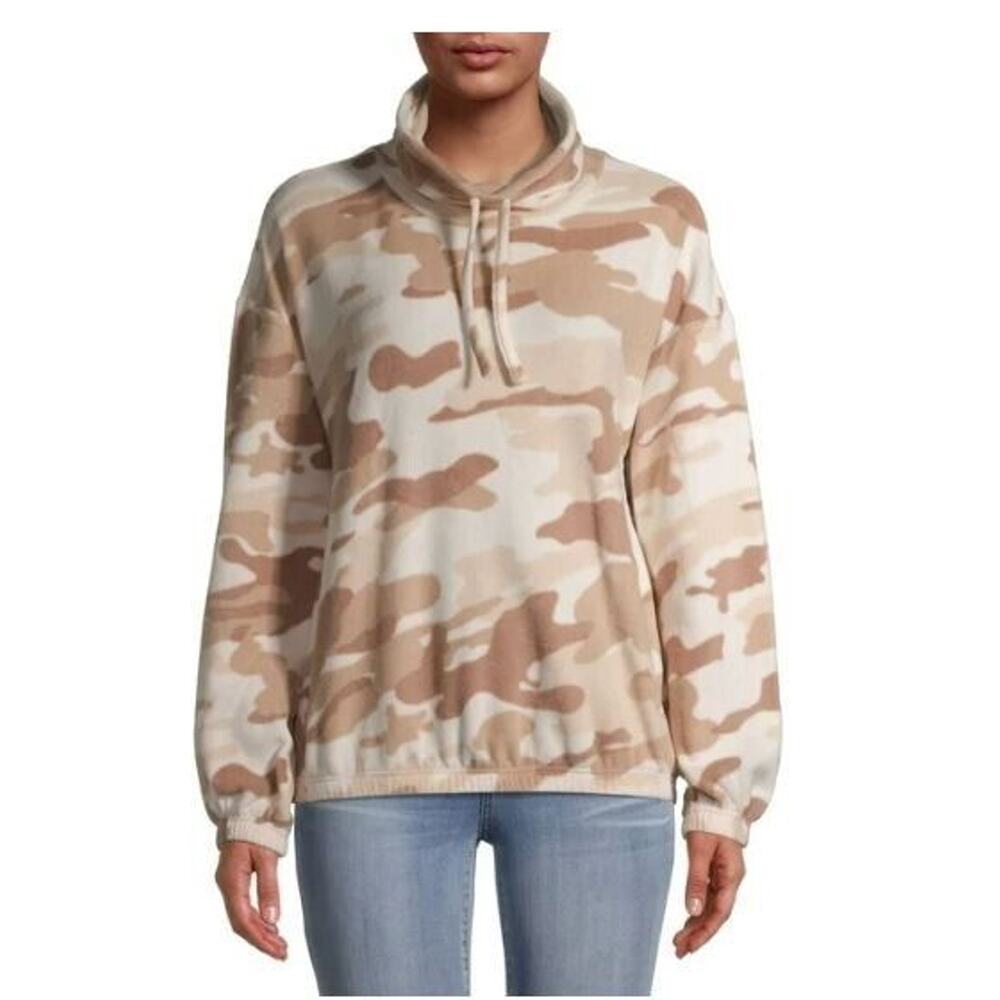 Derek Heart Women's Cinched Waist Funnel Neck Sweatshirt in Neutral Camo Small